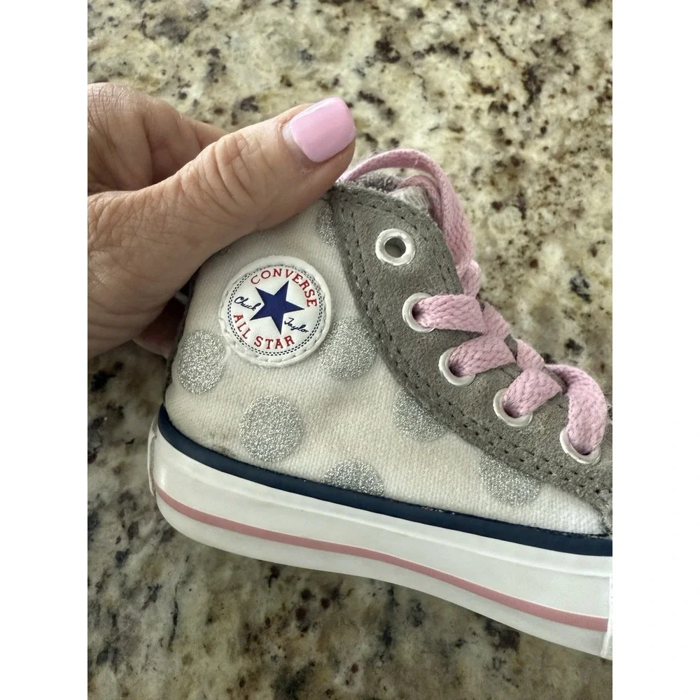 CONVERSE Infants Chuck Taylor Side Zip Hi Sneaker sz4 pink metallic silver‎ dots